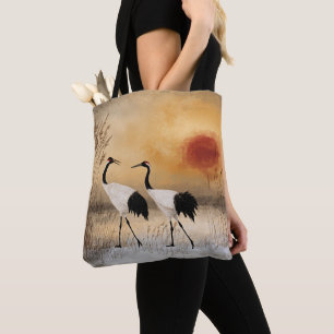 Red crowned cranes, watercolor artwork, tote bag