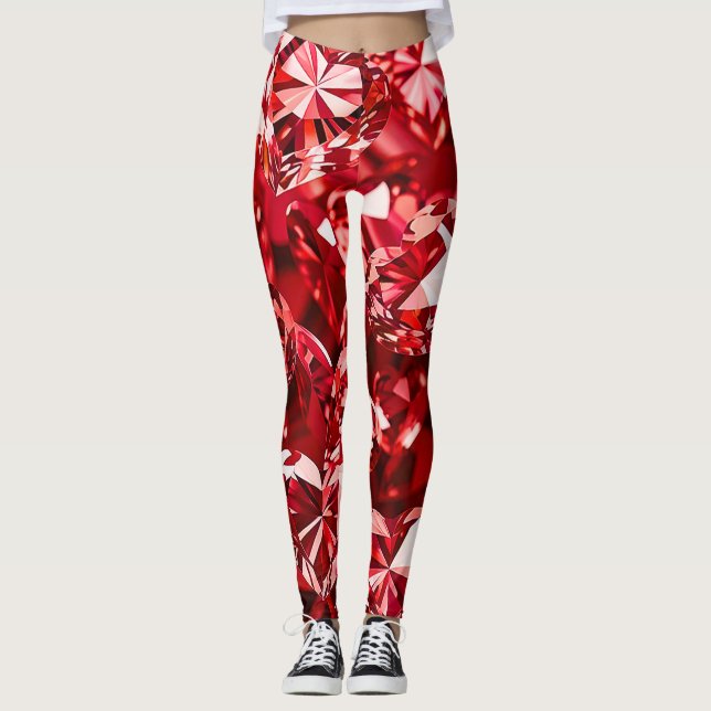 Red Crystal Diamond Hearts Leggings (Front)