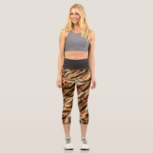 Red Crystal Rose Tiger Fabric Capri Leggings