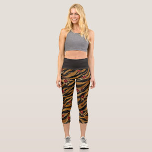 Red Crystal Rose Tiger Fabric Capri Leggings