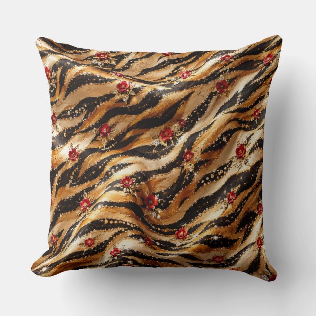 Red Crystal Rose Tiger Fabric Cushion (Front)