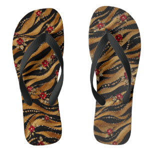 Red Crystal Rose Tiger Fabric Jandals