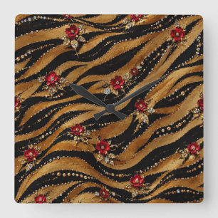Red Crystal Rose Tiger Fabric Square Wall Clock