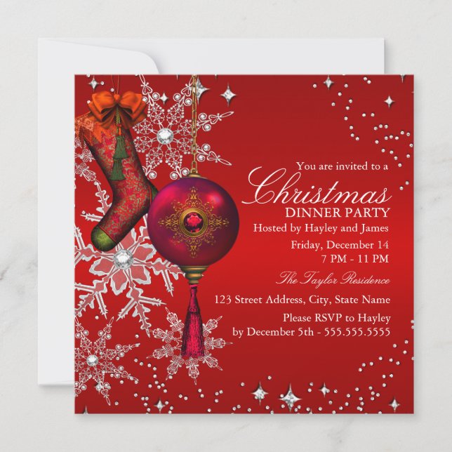 Red Crystal Snowflake Christmas Dinner Party 3 Invitation (Front)