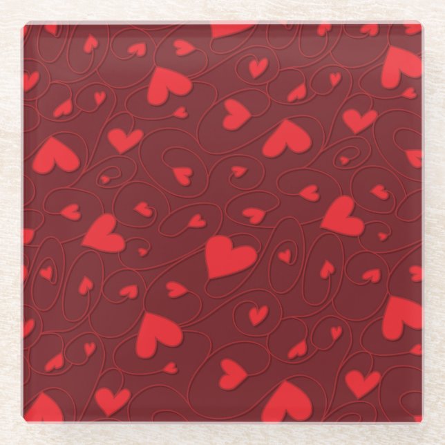 Red curly hearts glass coaster (Front)