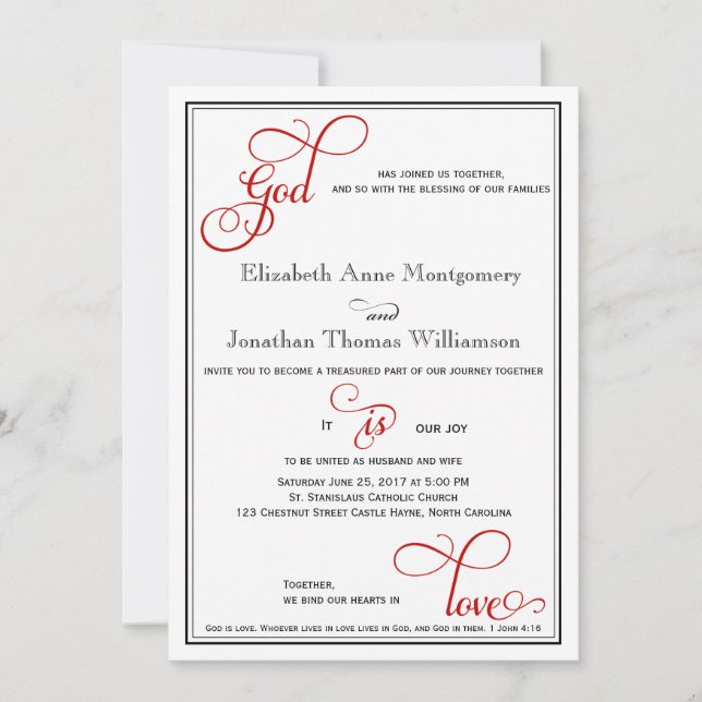 Red Curly Script God is Love Christian Wedding Invitation (Front)