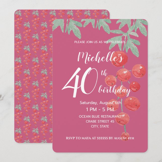 Red Currant Berries Watercolor Hand-painted Invitation (Front/Back)