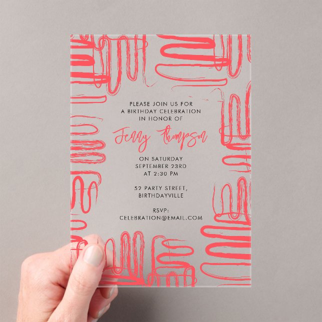 Red Curve Wavy Squiggle Abstract Birthday Party Acrylic Invitations (Insitu (Handheld))