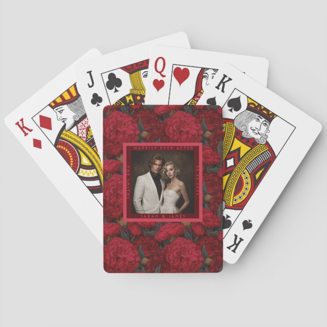 Red Custom Carnation Inspired Spring Wedding Playing Cards (Back)