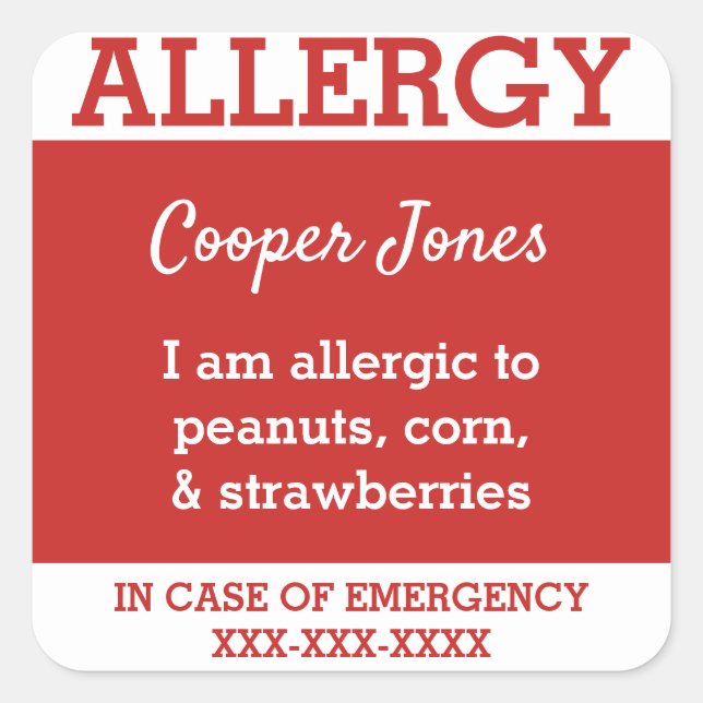 Red Custom Food Allergy Kids Contact Info Square Sticker (Front)