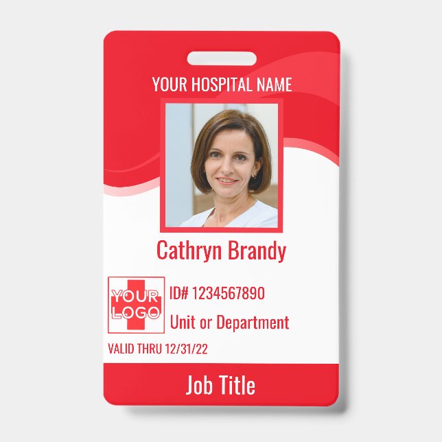 Red custom Hospital Employee Security, logo ID Badge (Front)