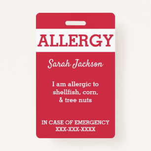 Red Custom Kids Food Allergy Alert Personalised ID Badge