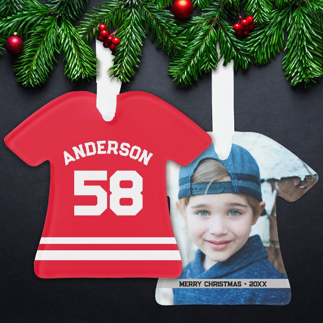 Red Custom Name, Number,  Photo Sports Jersey Ornament (Creator Uploaded)