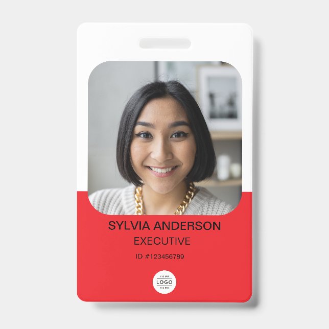 Red Custom Photo Employee ID Logo QR Code Badge (Front)