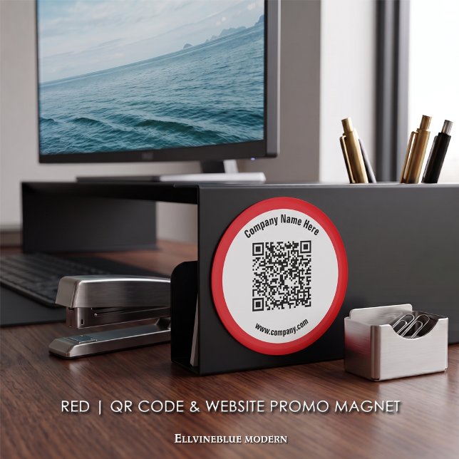 Red Custom QR Code & Website Promo  Magnet (Red Magnet | A polished layout created to showcase your QR Code, Name, & Website.)