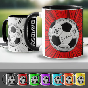 Red Custom Soccer Ball Birthday Age Name Mug