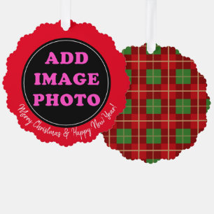 Red Customisable Personalised Image Photo Plaid Tree Decoration Card