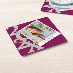 Red Cute Class of 2025 Photo Graduation Party Square Paper Coaster