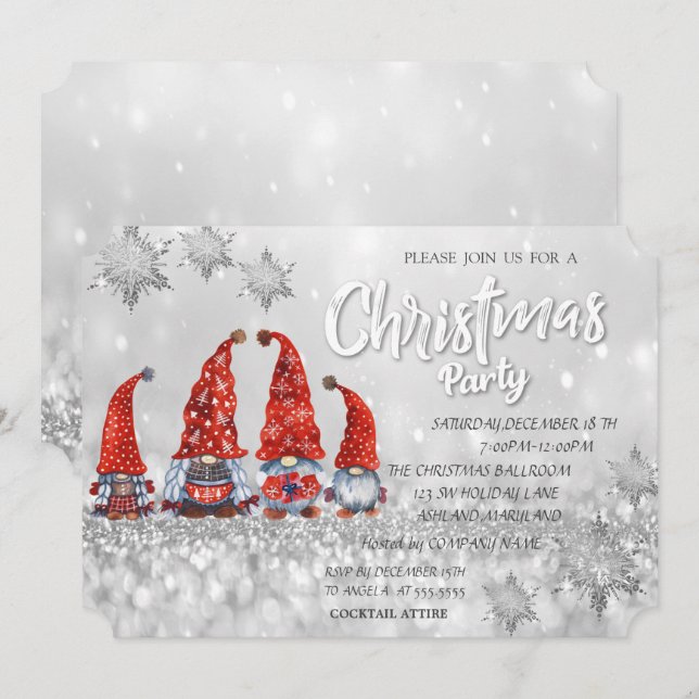 Red Cute Gnomes Bokeh Corporate Christmas Party  Invitation (Front/Back)