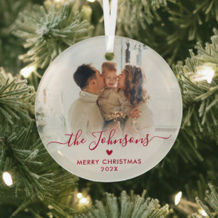 Red Cute Heart Script Family Photo Merry Christmas Glass Tree Decoration