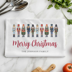 Red Cute Nutcracker Merry Christmas Tea Towel