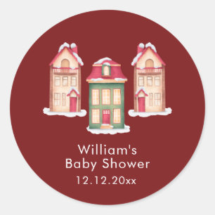 Red Cute Snow Gingerbread Village Baby Shower  Classic Round Sticker