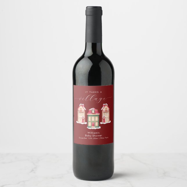 Red Cute Snow Gingerbread Village Baby Shower  Wine Label (Front)