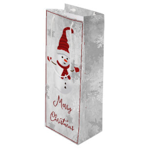Red Cute Snowman Holiday Wine Gift Bag