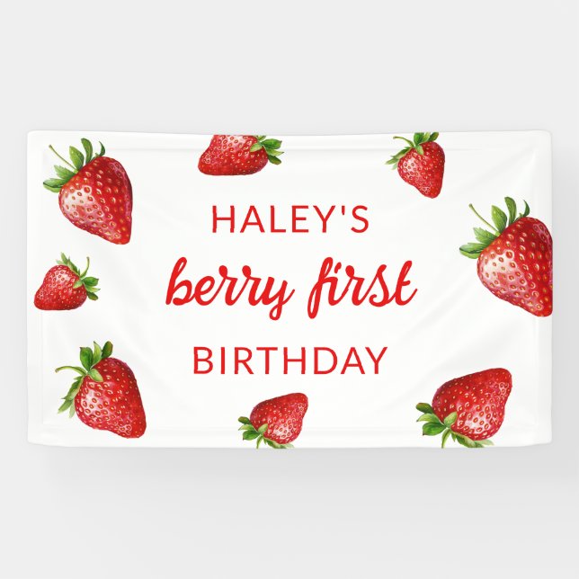 Red Cute Strawberry Berry First 1st Baby Birthday Banner (Horizontal)