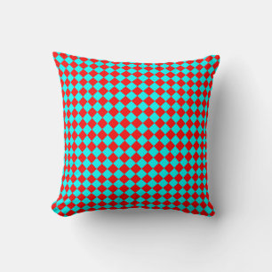 Red Cyan Chequered Diamond Pattern Cushion