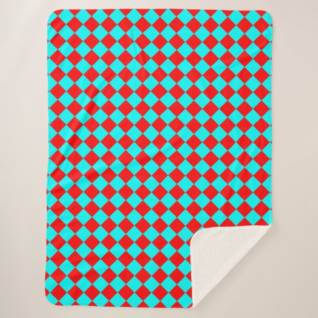 Red Cyan Chequered Diamond Pattern Sherpa Blanket (Front)