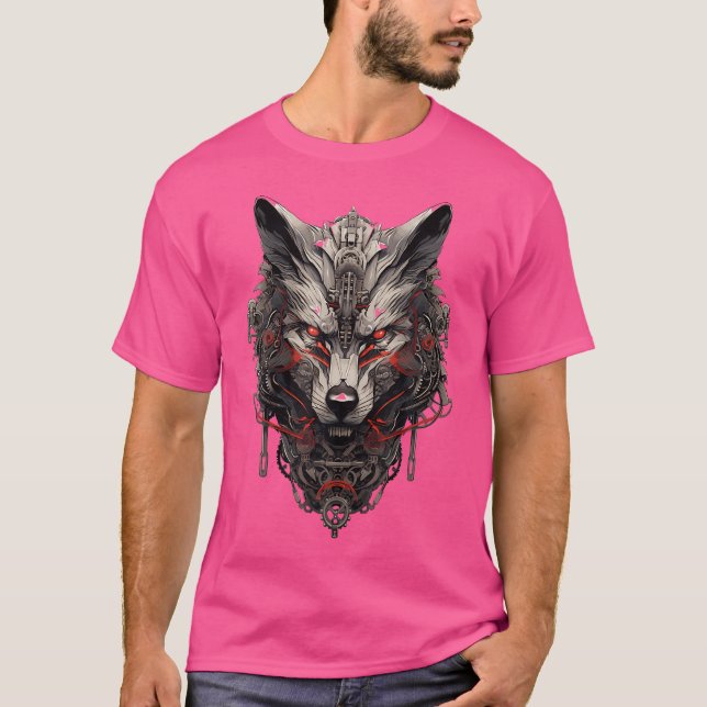 Red Cyborg Wolf Mecha Cyberpunk T-Shirt (Front)