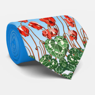 RED CYCLAMENS,GREEN LEAVES IN BLUE SKY Floral  Tie