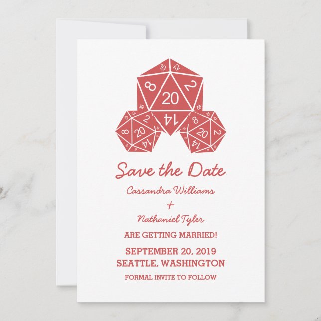Red D20 Dice Save the Date Invite (Front)