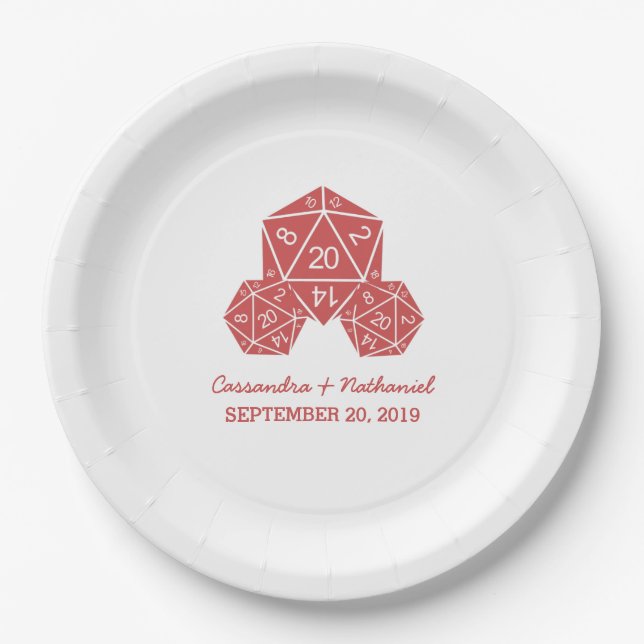 Red D20 Dice Wedding Paper Plates (Front)