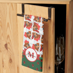 Red Dachshund Pattern Monogram Christmas Dog Tea Towel