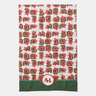 Red Dachshund Pattern Monogram Christmas Dog Tea Towel
