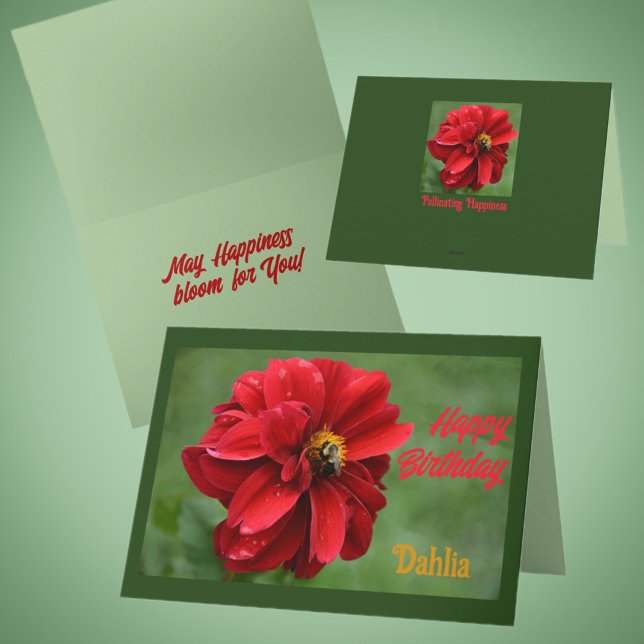 Red Dahlia and Bumblebee Floral Birthday Card (Creator Uploaded)