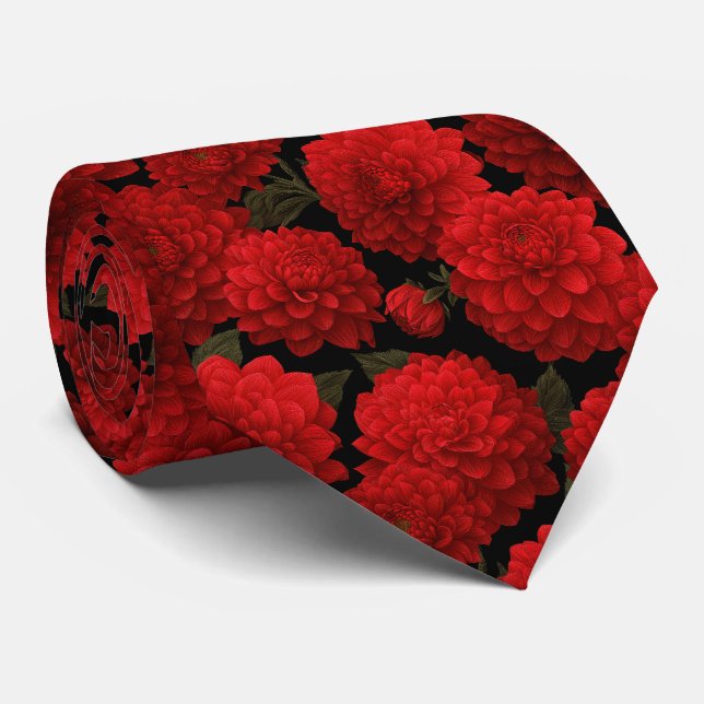 Red Dahlia Floral Pattern Tie (Rolled)