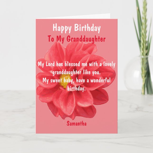 Red Dahlia Flower Happy Birthday Granddaughter Card (Front)