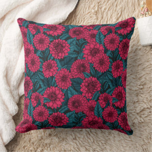 Red Dahlia garden/blue leaves Cushion