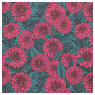 Red Dahlia garden/blue leaves Fabric