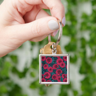 Red Dahlia garden/blue leaves Key Ring