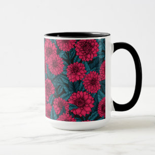 Red Dahlia garden/blue leaves Mug