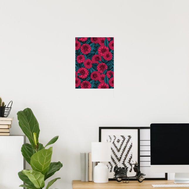 Red Dahlia garden/blue leaves Poster (Home Office)