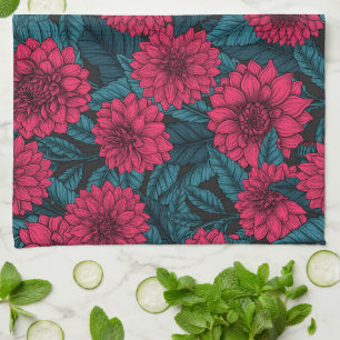 Red Dahlia garden/blue leaves Tea Towel