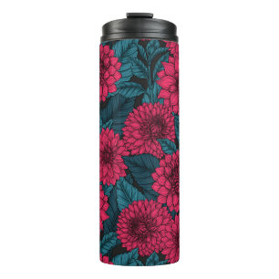 Red Dahlia garden/blue leaves Thermal Tumbler