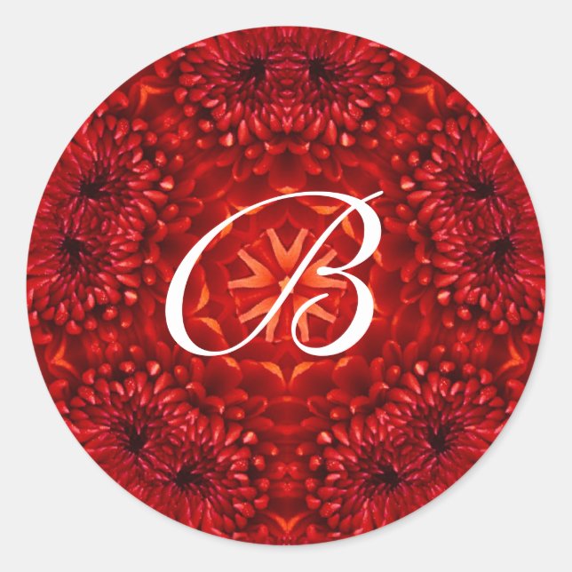 RED  DAHLIA MONOGRAM CLASSIC ROUND STICKER (Front)