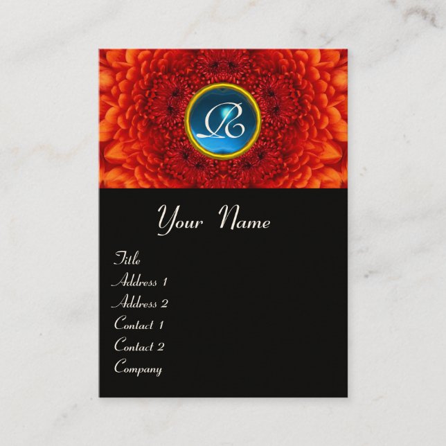 RED  DAHLIA  MONOGRAM, SAPPHIRE blue black yellow Business Card (Front)