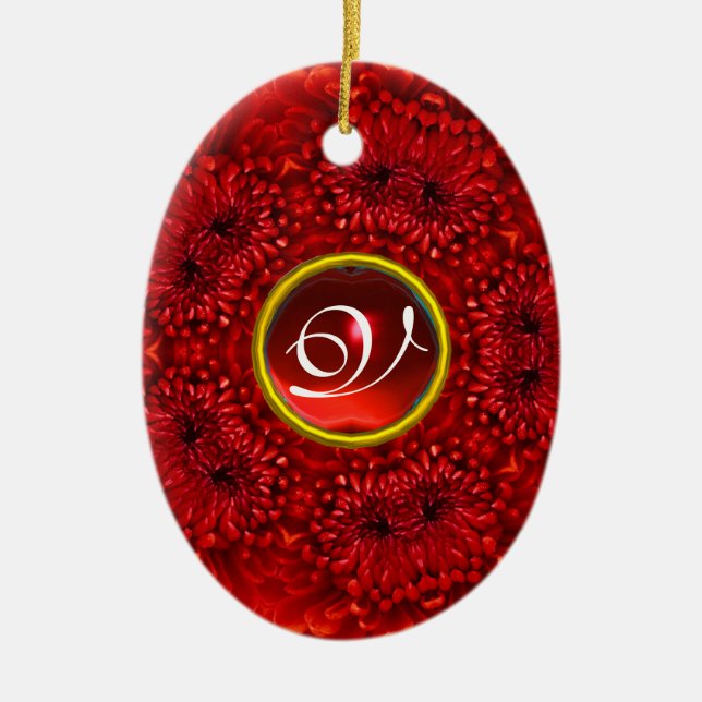RED DAHLIA RUBY MONOGRAM CERAMIC TREE DECORATION (Front)